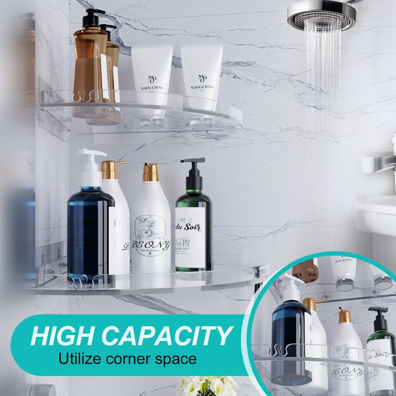 YAWSOUP Acrylic Corner Shower Shelves,Adhesive Shower Caddy Organizer for Bathroom