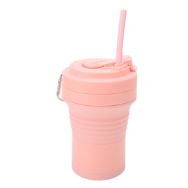 Folding Coffee Cup Silicone Heat Insulation Good Sealing Collapsible Water Cups with Straw 550mlPink