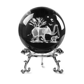 JFTOSALE 2.3in 3D Laser Engraved Mother Son Elephants Crystal Ball with Stand Elephant Figurine Glass Ball Decorative Sphere Table Decor Craft Paperweight