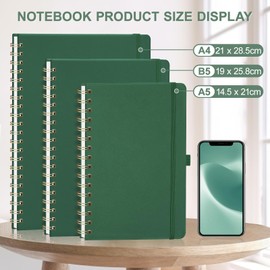 EMSHOI A5 Dotted Notebook, Spiral Notepad, 100gsm, PU HardCover Leather, Stencils, Pocket, Pen Loop, Ruler, Bookmark, 140 Pages Bullet Dot Grid Journal for Women Men Writing, 14.5 x 21cm, Green