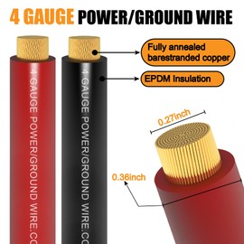 Fuzbaxy 4 Gauge Wire (25 Feet Black+25 Feet Red) Copper Clad Aluminum CCA - Primary Automotive Wire Power/Ground,20PCS Lugs Terminal Connectors,20PCS Heat Shrink Tubing