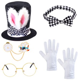 Yewong Easter White Rabbit Costume -Mad Hatter Costume -Bunny Rabbits Dress Up Costume Accessory-Include Rabbits Ears Topper Plush Hat Glasses Clock Pin Bowtie Gloves
