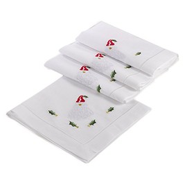 Fennco Styles White Embroidered Santa Claus Christmas Hemstitched Linen Cotton Napkins 20" W X 20" L - Set of 4