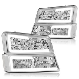 PM PERFORMOTOR Headlights Assembly Compatible with 03-07 Chevy Silverado Avalanche, [4Pcs-Set] LED DRL Headlights+Bumper Lamps with Chrome Housing/Clear Lens