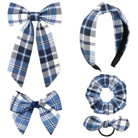 DEEKA 5 Styles Uniform Plaid Long Tail Hair Bows Knotted Headband Scrunchies Bow Set Alligator Clips Back to School Accessories for Toddler Little School Girls (Blue&White 5 Styles)