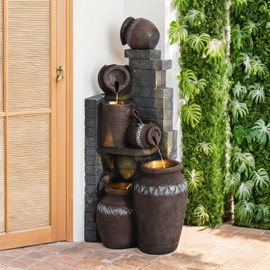 MAGIC UNION Outdoor Water Fountain Cascading Bowls and Stacked Stones LED 6 Tiers Modern Waterfall Fountain for for Gardens, Landscaping, Patios, Balconies, and Lawns (Gray)