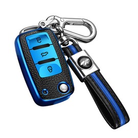 ontto for VW Key Cover Premium Soft TPU Leather Key Fob Cover Holder Protector for Volkswagen VW Bora Beetle Tiguan Polo Passat B5 B6 MK5 6 Jetta Eos SEAT Sagitar Golf 6 Keyring Remote Key Fob Blue