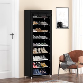Calmootey 9 Tier Shoe Rack Organizer,Portable Shoe Shelf with Nonwoven Fabric Cover for Closet Hallway,Bedroom,Entryway,Black