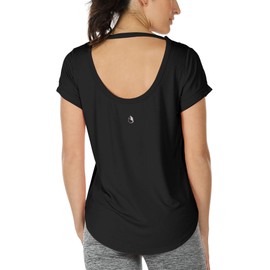 icyzone Open Back Yoga Shirts for Women - Exercise Workout Tops, Athletic Short Sleeves, Running T-Shirts Loose Fit (M, Black)