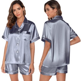 GAESHOW Satin Pajamas for Women Short Sleeve Silk Pajama Set with Shorts Two Piece Pajama Set Button Down Sleepwear Loungewear, grey / blue