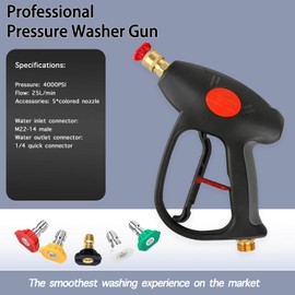 QiLeeCar Short High Pressure Washe Gun, 4000 PSI Power Washer Gun, M22-14mm Fitting, 1/4” Quick Connector Coupler and 5 Nozzle Tips