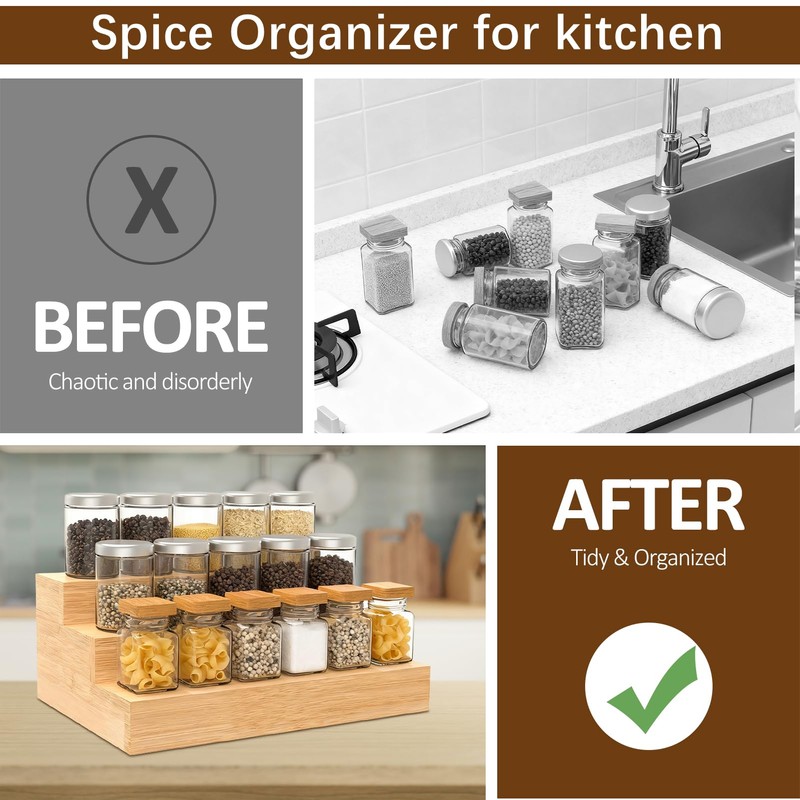 Bambition 2 Pack Spice Rack Riser for Cabinet, Bamboo Spice