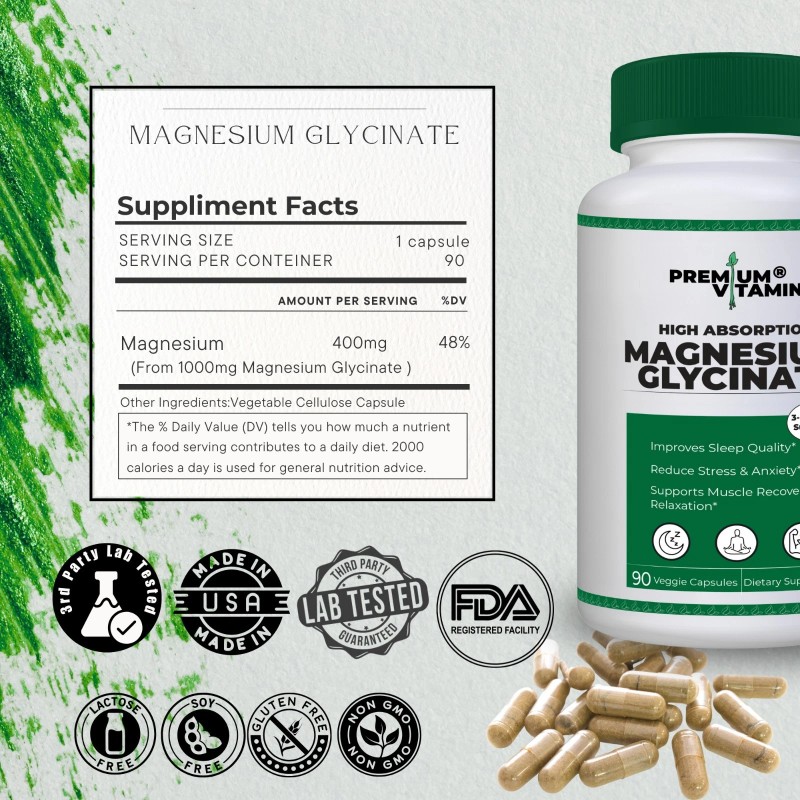 Premium Vitamin Magnesium Glycinate 1000mg 90 counts 100% Chelated Sleep