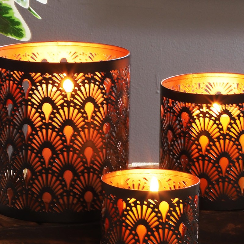 Set of 3 Oriental Tea Light Holders Zalia Metal Black