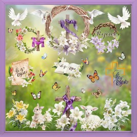 AhfuLife He is Risen Easter Window Stickers, 9 Sheets Reusable Easter Window Clings Religious Cross Bunny Rabbit Lamb Dove Lily Flower Stickers for Glass Window Doors Window Easter Decorations