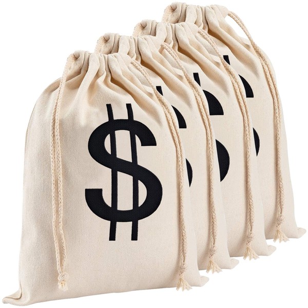 Apipi Canvas Money Bags for Party, Costume Money Bag Prop with Dollar Sign, 6.3 x 9 Inches Money Sacks for Halloween Bank Robber Pirate Cowboy Cosplay Theme Party (4 Packs)