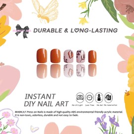 Press on Nails Short Square MABKJLF Full Cover Fall Fake Nails Maple Leaf Festival False Nails with Leaves Designs Brown Glossy Glue on Nails Acrylic Nails Artificial Nails for Women Girls 24 Pcs