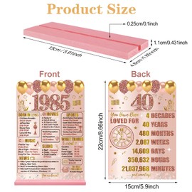 Guiruiy Pink Rose Gold 40th Birthday Decorations for Men Women, Two-Sided Vintage 40 Back in 1985 Theme Poster Wooden Table Sign with Stand, Forty Years Old Bday Centerpieces Holder for Table Decor