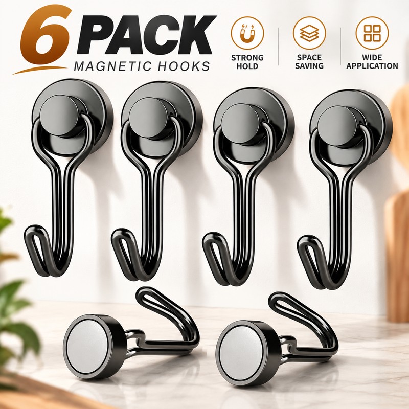 Magnetic Hooks 6-Pack for Home Organization – Swivel Swing Design