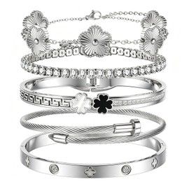 Camhanno Silver Bangle Bracelets for Women - Stainless Steel Stackable Bangles Non-Tarnish Clover Lucky Charm Bracelets, Trendy Gift for Girlfriend/Wife on Christmas Valentine’s Birthday