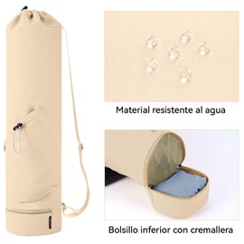 Bolsa para Esterilla de Yoga con Cordón,Bolsa para Tapete de Yoga con Correa Ajustable,con Compartimento Húmedo Impermeable y 2 Bolsillos Multifuncionales (Beige)