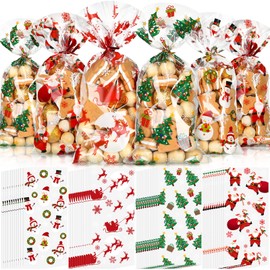 Outus 200 Pieces Christmas Cellophane Treat Bags, Plastic Christmas Cello Bags with Twist Ties for Candy, Cookie, Goodies, Present Wrap, Xmas Party Favor Supplies