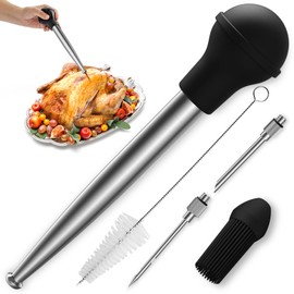 Vondior Turkey Baster for Cooking, Food Grade Stainless Steel Turkey Baster Syringe with Barbecue Basting Brush and 2 Marinade Injector Needles and Cleaning Brush, Black