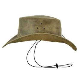 Leatherick Cowboy Hat for Men - Western Aussie Style Outback Hats Genuine Crazy Horse Leather with Chin Strap, Crazy Beige Brown