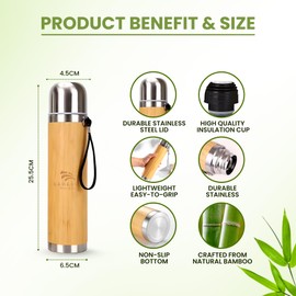 BAHADUR NATURAL Bamboo Bullet Lid Thermos Bottle, 450ml/15oz, Stainless Steel Insulated, Hot or Cold Drinks