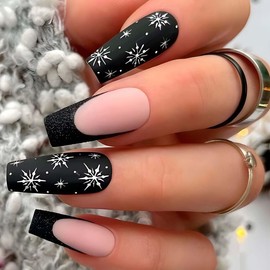 Bufenia False Christmas Nails 24 Pcs Snowflake Ballerina Press on Nails Christmas Coffin nails Acrylic Fake nails for Women and Girls (I)