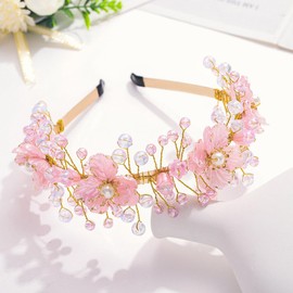 Formery Pink Flowers Headband Gold Wedding Crystal Floral Girl Hairband Beads Pearl Princess Hair Accessories for Girls