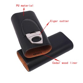AMANCY Leather Cigar Case - Travel Cigar Humidor Accessories with Cigar Cutter and Small Humidifier - 3-Finger Portable Cigar Carrying Case, Black