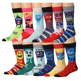JAMES FIALLO - Calcetines de vestir para hombre, casuales, coloridos, divertidos, novedosos, con estampados de moda, paquete de 12 súper suaves, Monster Mash, 10-13