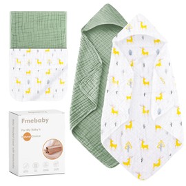 Fmebaby Hooded Baby Towels for Newborn, 2 Pack 36x36Inch Muslin Cotton Baby Bath Towel and 2 Pack 12x12Inch Washcloth Set with Hood for Babies, Toddler and Kids, Essentials Must Haves(Green and Beer)