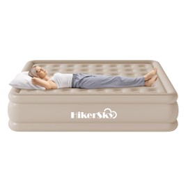 HikerSKY Queen Air Mattress with Built-in Pump, Air Bed with Portable Storage Bag, 18'' Blow up Mattress Suitable for Home and Guests, Top Flocking, 18" Queen Khaki