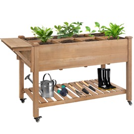 ketive Raised Garden Bed with Lockable Wheels Mobile Elevated Wood Planter,Storage Shelf, Protective Liner,55.5x24x32in (Brown)
