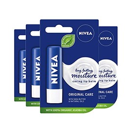 NIVEA Lip Balm Original Care Pack of 4 (4 x 4.8g) Protective Lip Moisturiser with Shea Butter and Natural Oils, Caring Lip Balm for 24h Moisture Care, Lip Care with Melt-In Formula