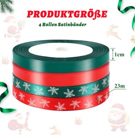 Augshy Christmas Gift Ribbon, 4 Rolls 1 cm x 23 m Ribbon Christmas Ribbon Red Green Snowflake Satin Ribbon for Christmas Gift Decoration