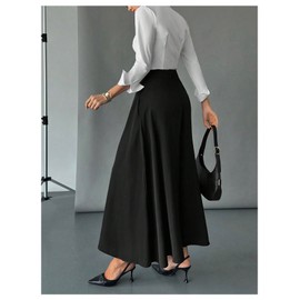 Verdusa Women's Elegant A Line Maxi Skirt High Waisted Flowy Skirt with Pockets Black Small