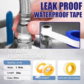 8Rolls PTFE Plumbers Tape Upgraded - 10m X 18mm Waterproof Thread Seal Teflon Tape Thread Plumbers Tape for Shower Head Water Pipe and Pipe (White)
