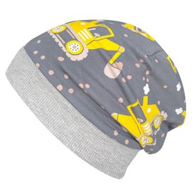 Wollhuhn Eco Warm Cuddly Winter Boys / Girls Winter Beanie Hat or Long Beanie Hat with Fleece Lining Various Designs (Made of Eco Fabrics, Organic), 20220666, Excavator Grey/Yellow