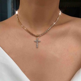 Cimenexe Bohemian Cz Cross Pendant Necklace Sparkle Tennis Chain Necklace Vintage Crystal Cross Choker Chain Minimalist Rhinestone Chain Necklace Jewelry for Women and Girls