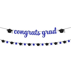 XtraLarge, Glitter Congrats Grad Banner - 10 Feet, No DIY | Navy Blue and Black Congratulations Banner for Graduation Party Decorations 2022 | Graduation Cap Garland for Graduation Decorations 2022