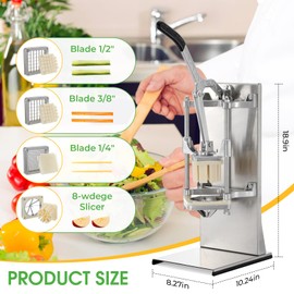 POWLAB 4in1 Commercial French Fry Cutter & Lemon Slicer & Vegetable Chopper - Stainless Steel with Extended Handle - 4 Blades for Home, Bar, Restaurant - Dice, Slice & Chop 1/2", 3/8", 1/4", 8 Wedge