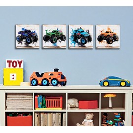The Mode Art Monster Truck Wall Art 4 Pieces Prints for Kids Rooms Home Decor Canvas Artwork Painted truck Theme Photos Wall Decor in the Boy's Bedroom Each Size: 12"x12"