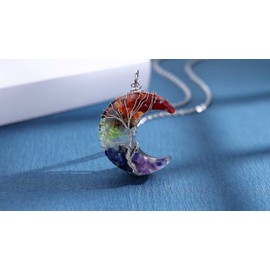 MAIBAOTA 7 Chakra Healing Crystal Necklace Tree Life Wire Wrapped Crescent Moon Phase Stone Pendant Necklaces Natural Resin Reiki Spiritual Gemstone Hippie Witch Jewelry Gifts for Women