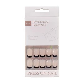 French Tip Press On Nails - Square Fake Nails with Nail Glue, Reusable Semi-Transparent Stick On Nails in 15 Sizes - 30PCS Soft Gel Glue On Nails Kit,Square Black Tip