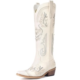 Lumeheel Beige Cowboy Boots for Women - Sparkly Rhinestone Country Botas with Classic Embroidered, Knee High Wide Calf Western Pointed Toe Chunky Heel Pull on Zipper Tall Cowgirl Boots US 8
