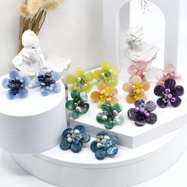 AeraVida Cute Tropical Flowers Mix of Pink Kunzite, Agate, Crystal, and Pearl Clip-On Earrings | Tropical Flower Clip on Earrings | Pink Crystal Earrings