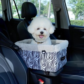 Center Console Dog Car Seat, Puppy Carseat for Small Dogs, Cat Car Seat with Metal Frame and Double Protection Seat Belts, Pet Booster Seat with Washable Cushion and Clip-on Leash Cute Zebra Print